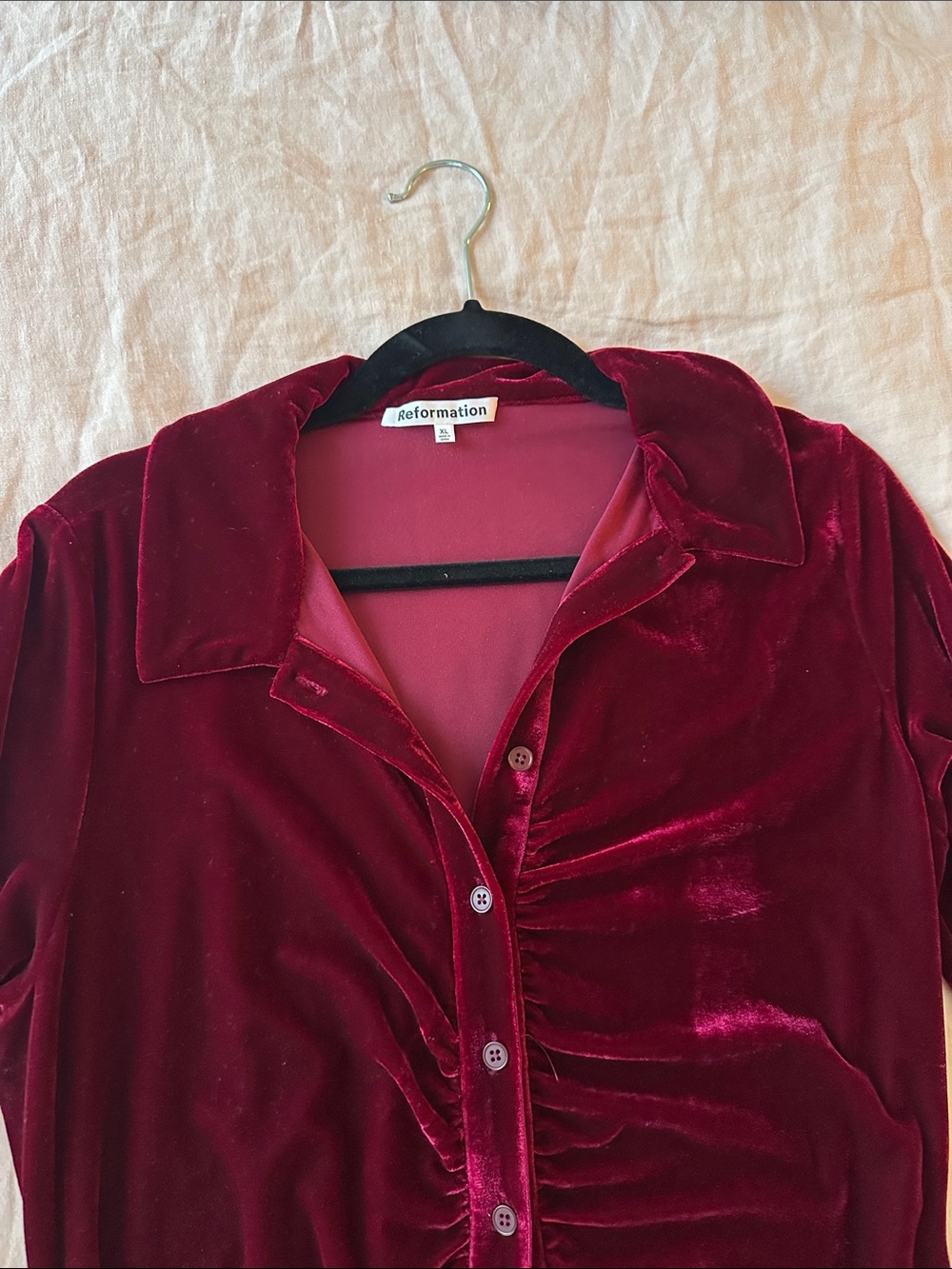 Reformation Deep Berry Velvet Button-Front Ruched Midi Dress - Picture 2 of 3
